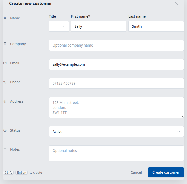 Create new customer dialog, with an optional title next to the name