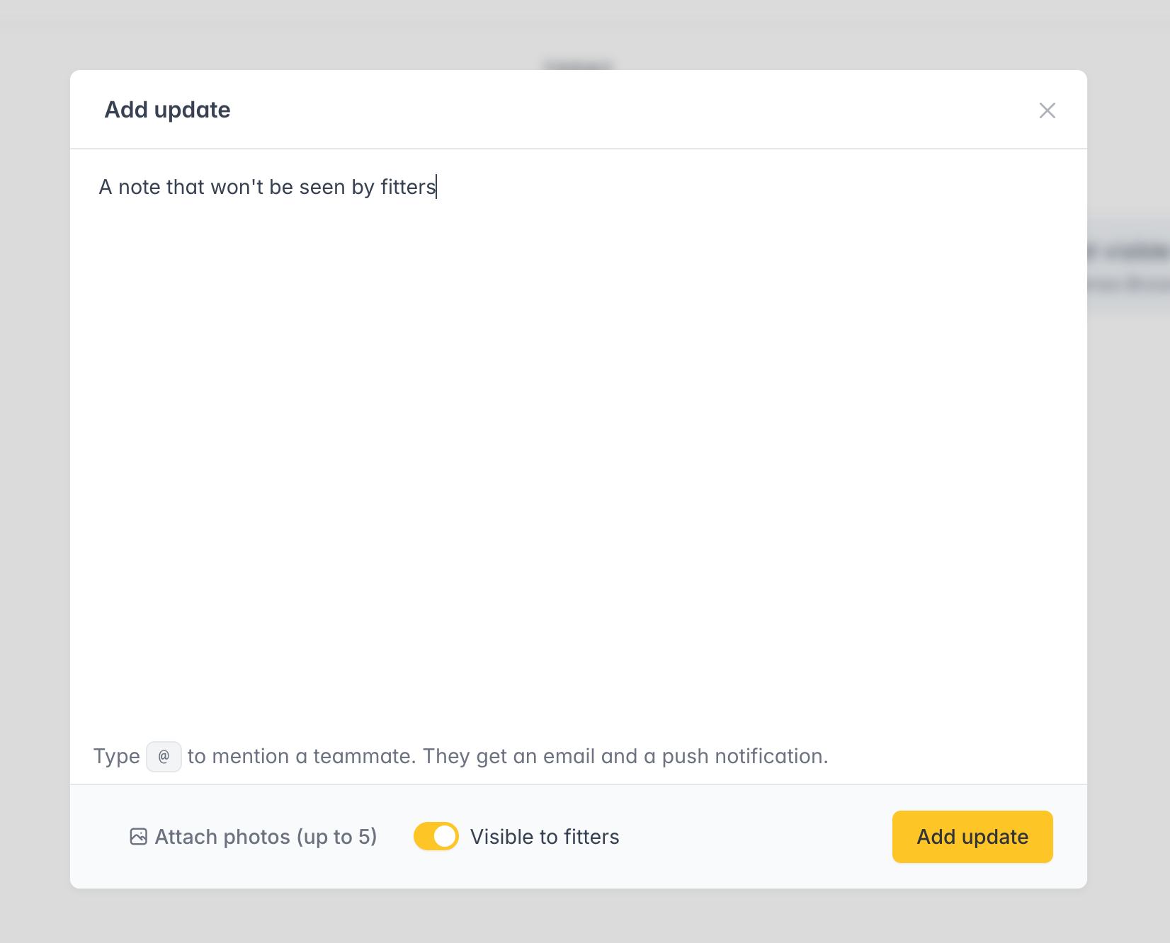 Add update modal with Visible to fitters toggle