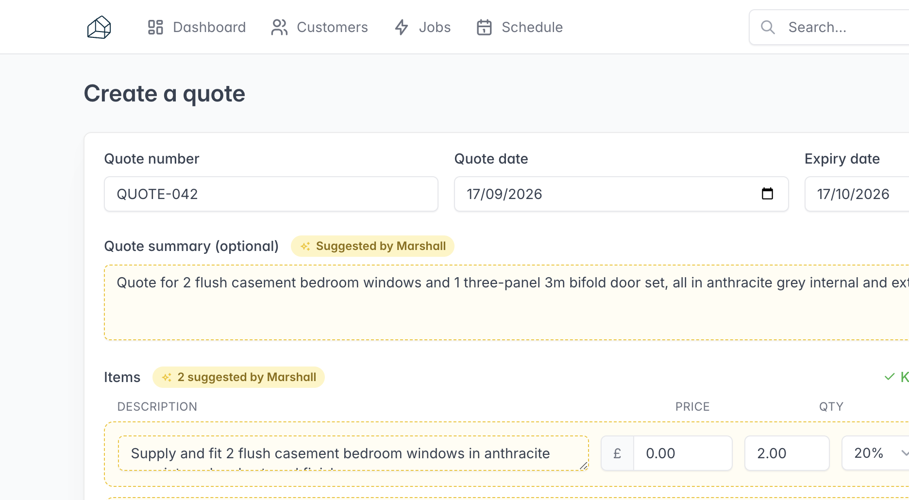 Marshall's suggested quote draft on create