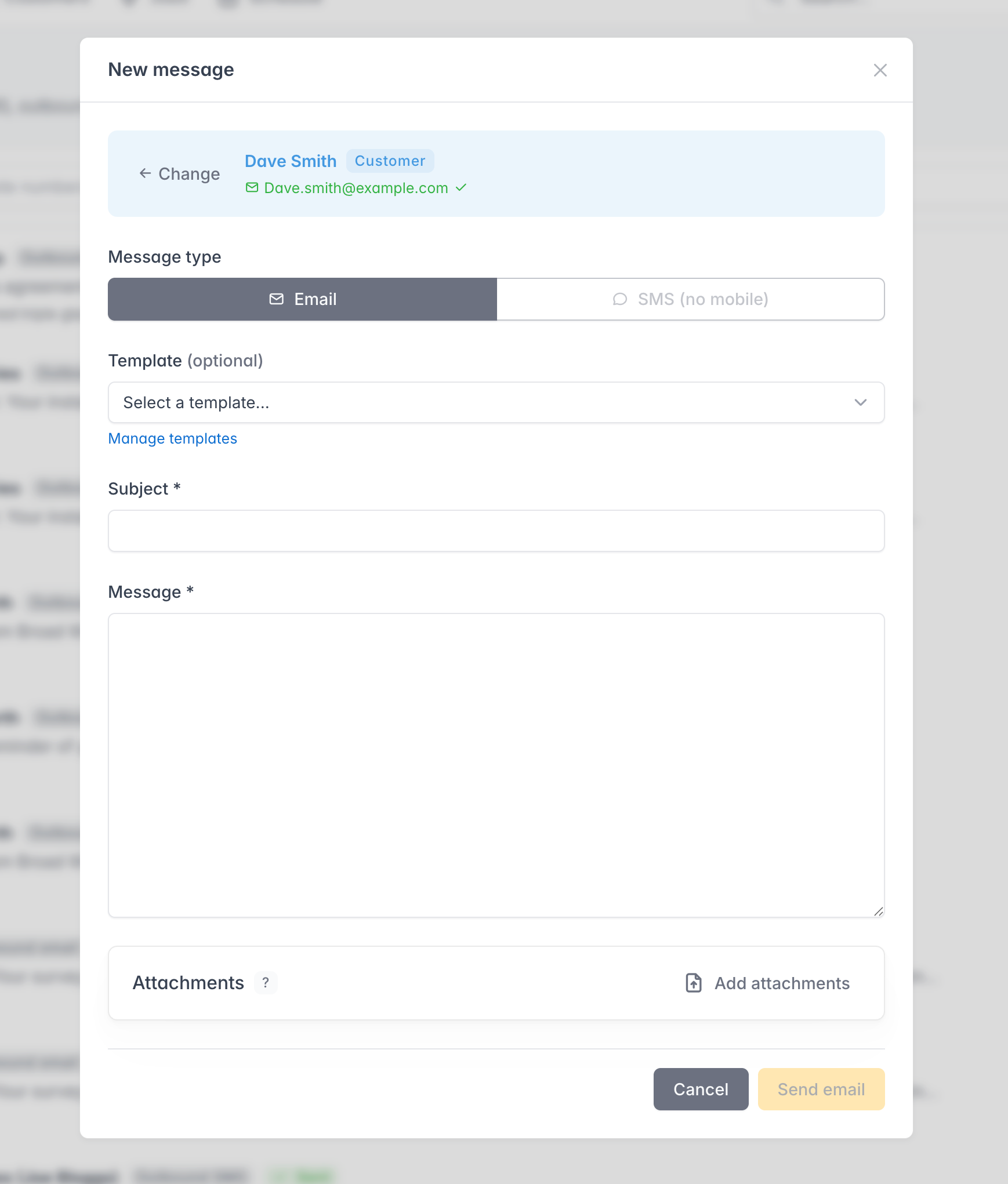 The old message window, with To search and people to pick from