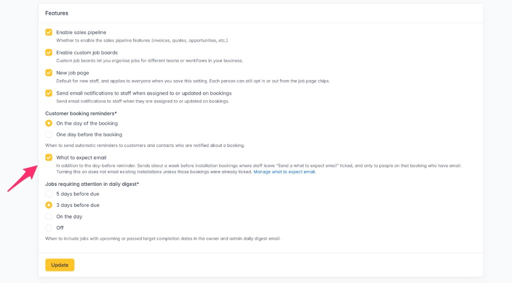 Turn on What to expect email in Settings