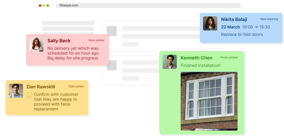 Graphic showing the types of activity fed into the platform including notes, tasks, bookings and photos.