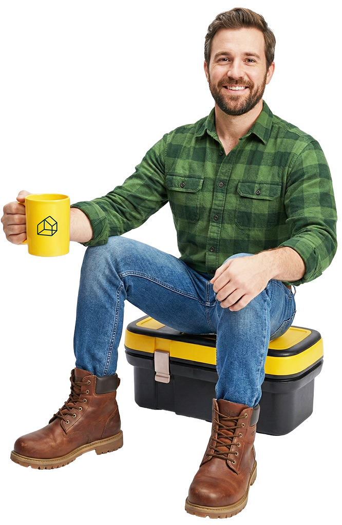 Man sitting on toolbox with a coffee, ready for a chat about FitterPal
